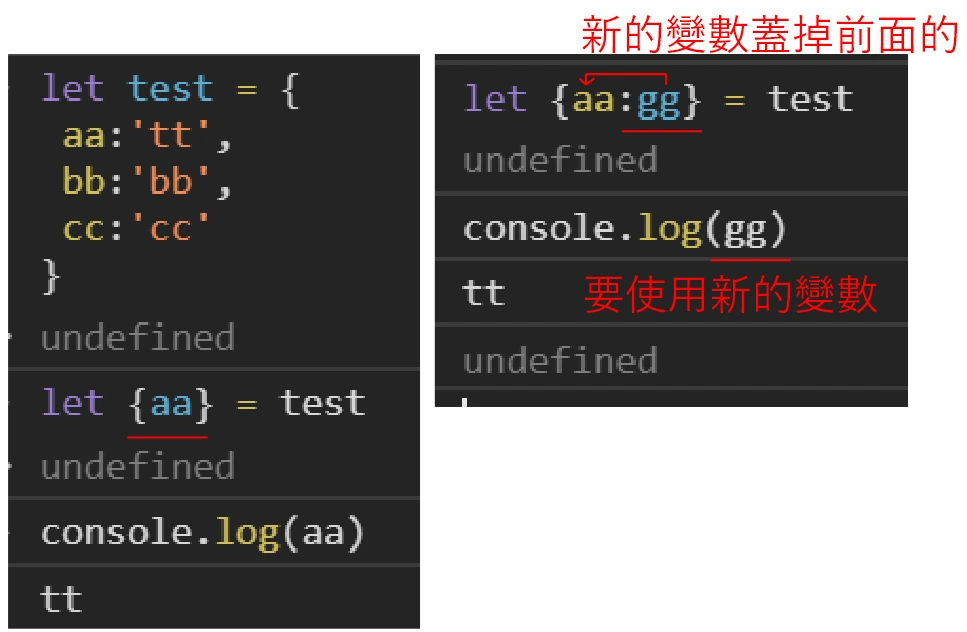 從物件取出 aa 屬性，並示範將 aa 改名成 gg