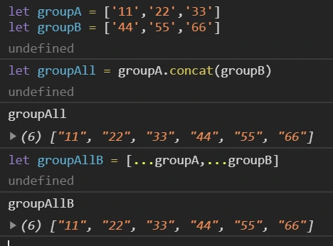 使用 concat 與展開運算子合併 groupA、groupB，兩者都得到六個元素的陣列