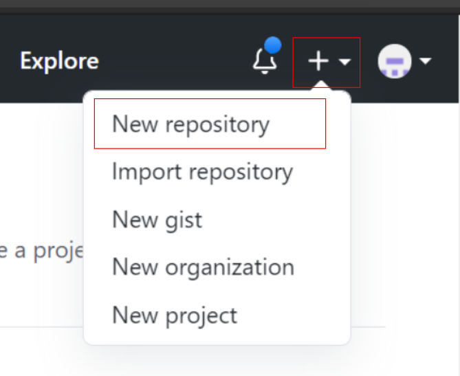 GitHub 右上角的新增選單，New repository 選項用紅框標示
