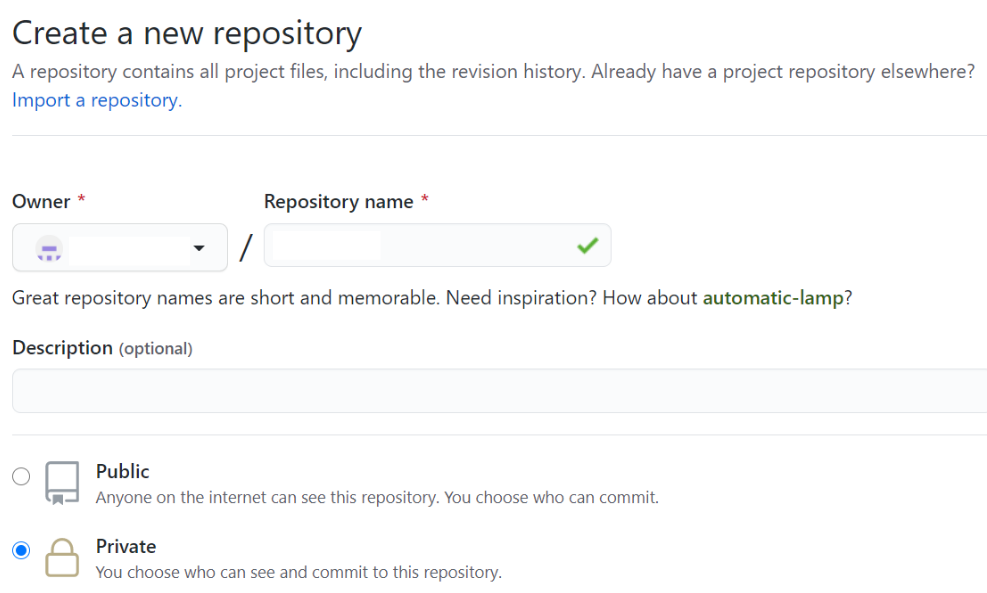GitHub 的 Create a new repository 表單，可填寫專案名稱並選擇 Public 或 Private