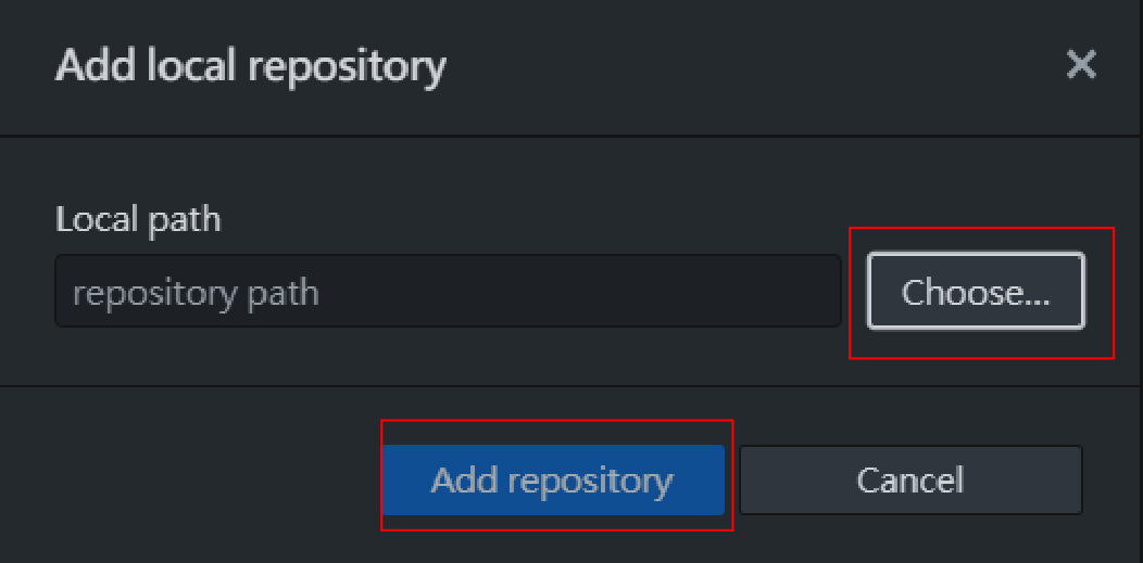 GitHub Desktop 的 Add local repository 視窗，可選擇本機專案路徑