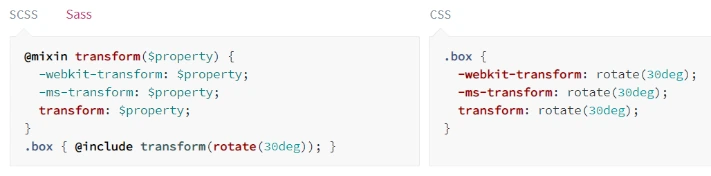SCSS 使用 @mixin 與 @include 定義 transform,右側顯示編譯後 CSS