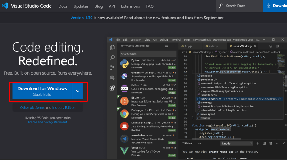 VS Code 官方網站的下載畫面
