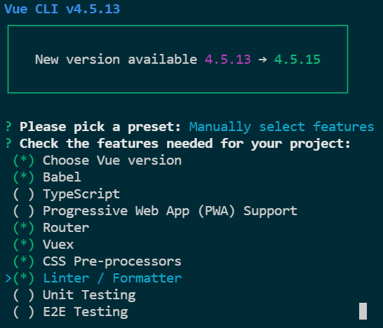Vue CLI 的功能勾選清單，已勾選 Choose Vue version、Babel、Router、Vuex、CSS Pre-processors、Linter / Formatter，未勾選 TypeScript、PWA Support、Unit Testing、E2E Testing