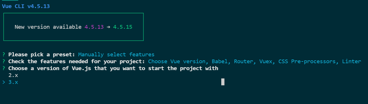 Vue CLI 詢問要用哪個 Vue.js 版本，選項為 2.x 與 3.x，游標停在 3.x