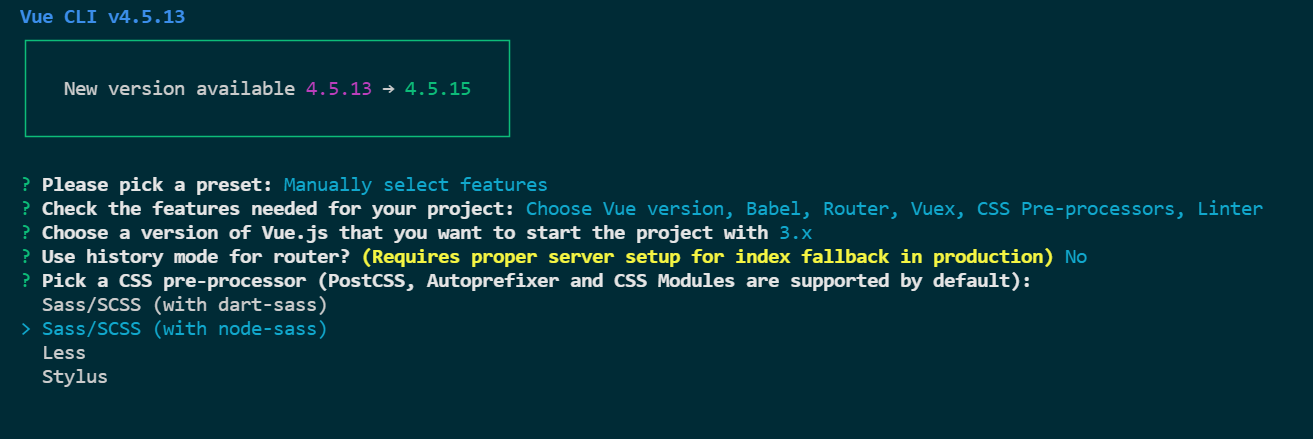 Vue CLI 的 CSS 前處理器選單，選項為 Sass/SCSS (with dart-sass)、Sass/SCSS (with node-sass)、Less、Stylus