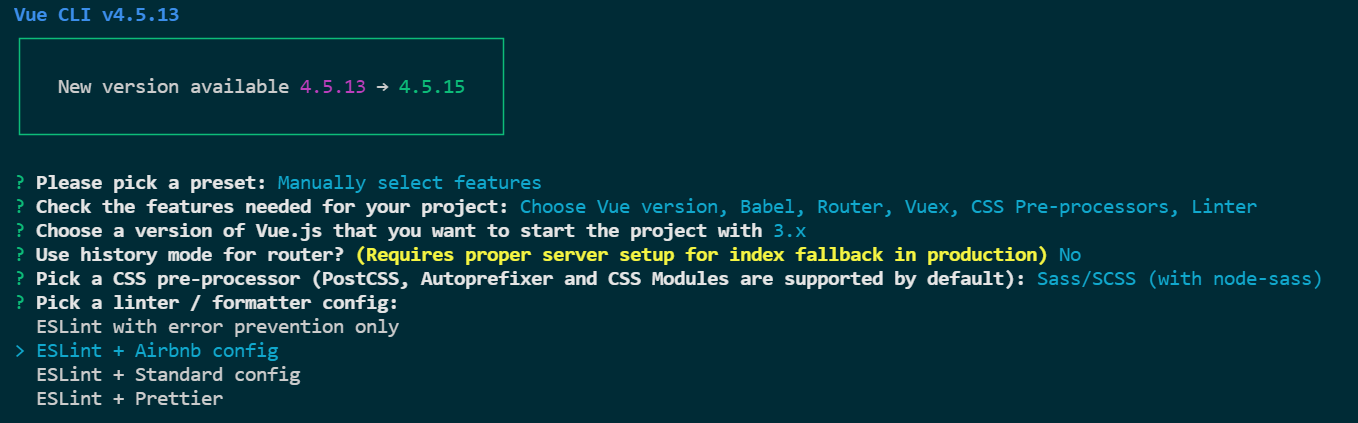 Vue CLI 的 linter 設定選單，選項為 ESLint with error prevention only、ESLint + Airbnb config、ESLint + Standard config、ESLint + Prettier，游標停在 Airbnb