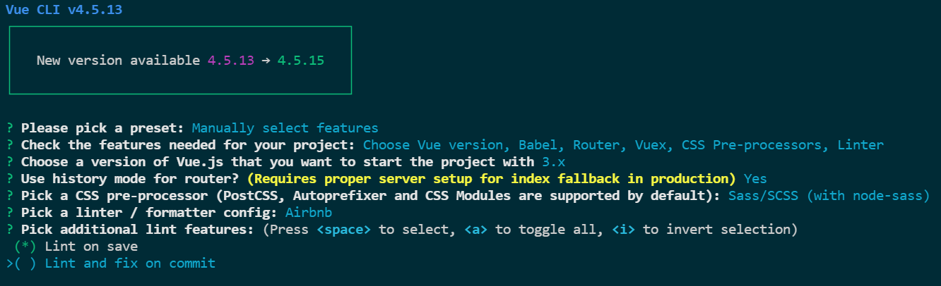 Vue CLI 詢問額外的 lint 功能，選項為 Lint on save 與 Lint and fix on commit